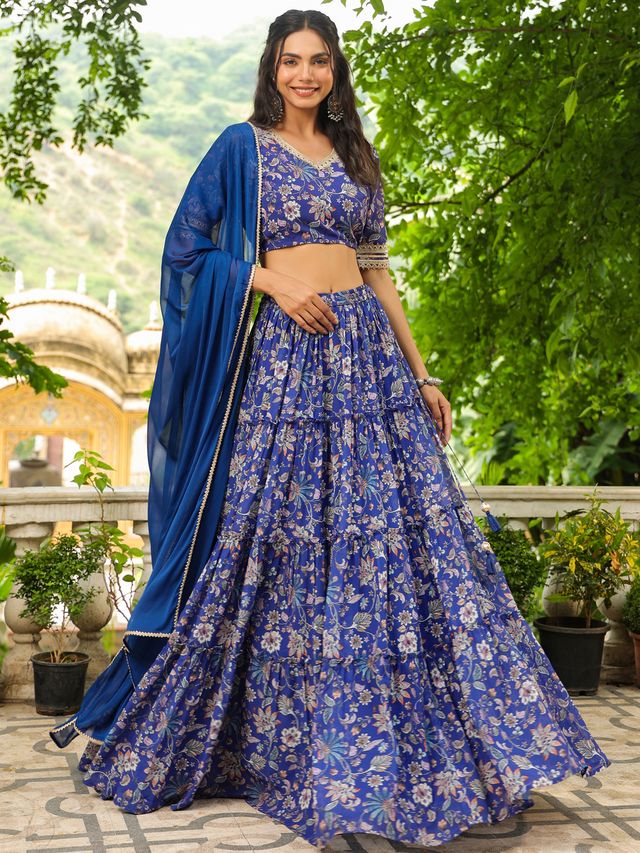 Ready SG Stock] Blue Georgette Floral Printed Tiered Lehenga Ready to