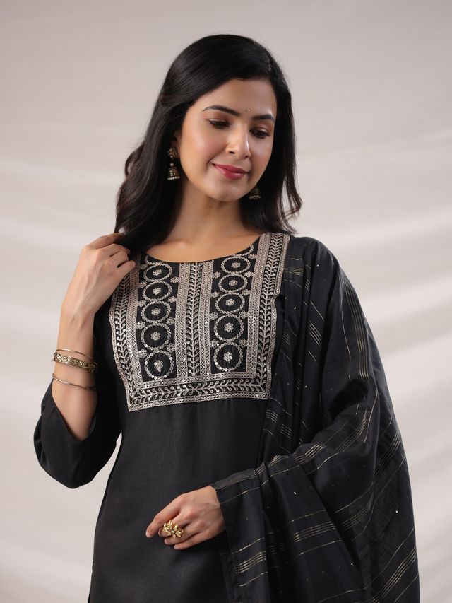 [ Ready SG Stock ] Black Cotton Blend Yoke Embroidered Straight Kurta Set Punjabi Suit with Dupatta [ Indian Dresses ]