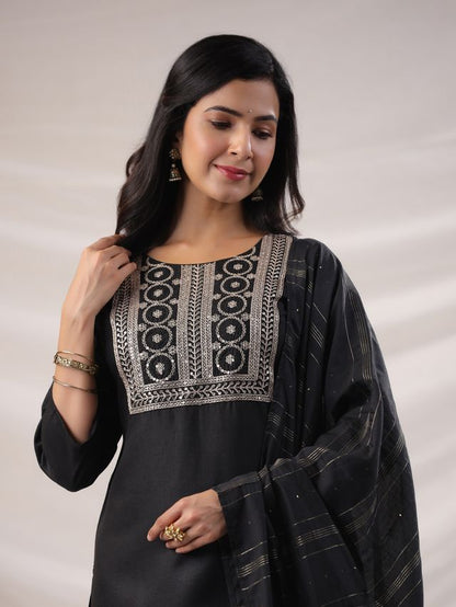 [ Ready SG Stock ] Black Cotton Blend Yoke Embroidered Straight Kurta Set Punjabi Suit with Dupatta [ Indian Dresses ]