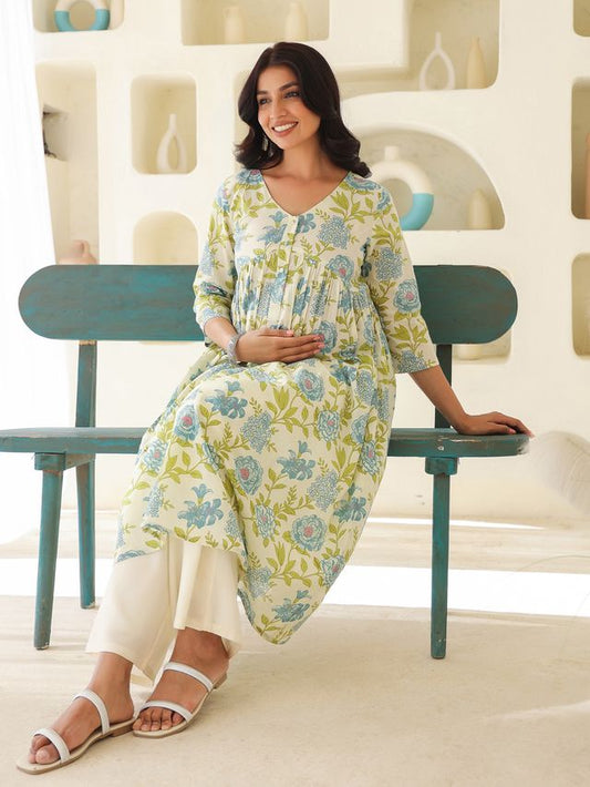 [Ready SG Stock] Off White Pure Cotton Floral Printed A-line Maternity Kurta \ Only Top - [Indian Dresses]