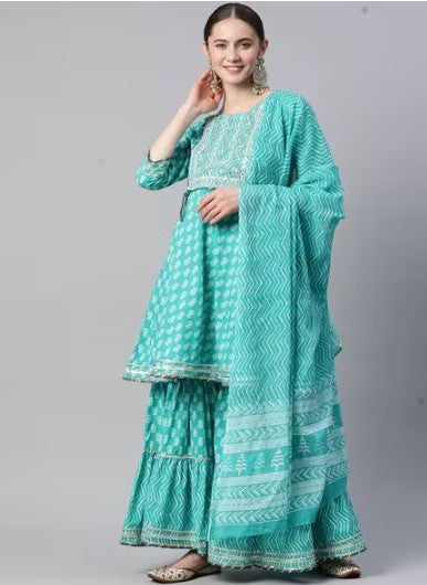 [Ready SG Stock] Flared Cotton Turquoise Sharara Dress 3 Pcs Kurti Sharara & Dupatta [ Indian Dresses ]