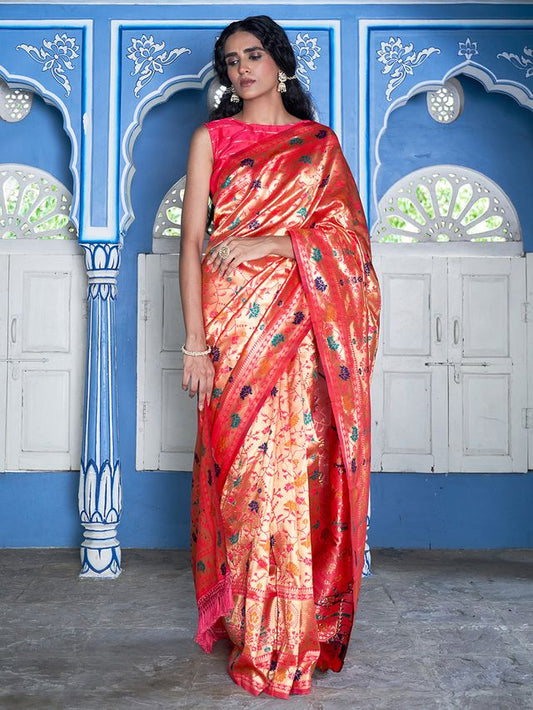 [Ready SG Stock] Pink Paithani Silk Woven Ethnic Motifs Saree with attached Blouse Material - Indian saree