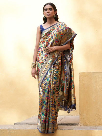 [Ready SG Stock] Blue Paithani Silk Paisley  Woven Ethnic Motifs Saree with attached Blouse Material - Indian saree