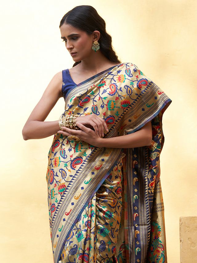 [Ready SG Stock] Blue Paithani Silk Paisley  Woven Ethnic Motifs Saree with attached Blouse Material - Indian saree