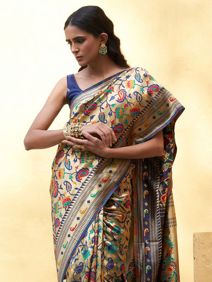 [Ready SG Stock] Blue Paithani Silk Paisley  Woven Ethnic Motifs Saree with attached Blouse Material - Indian saree