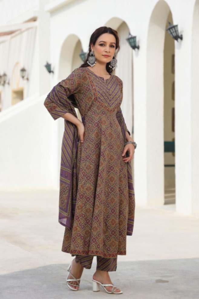 [Ready SG Stock] Earthy Purple Pure Cotton Anarkali 3 Pcs Punjabi Suit with Dupatta [ Indian Dresses ]