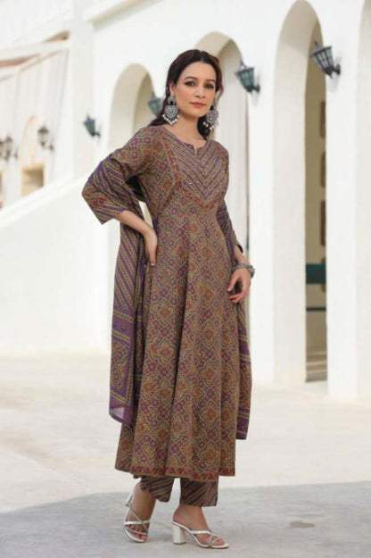 [Ready SG Stock] Earthy Purple Pure Cotton Anarkali 3 Pcs Punjabi Suit with Dupatta [ Indian Dresses ]