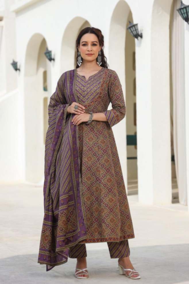 [Ready SG Stock] Earthy Purple Pure Cotton Anarkali 3 Pcs Punjabi Suit with Dupatta [ Indian Dresses ]