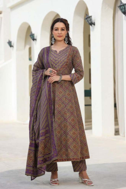[Ready SG Stock] Earthy Purple Pure Cotton Anarkali 3 Pcs Punjabi Suit with Dupatta [ Indian Dresses ]