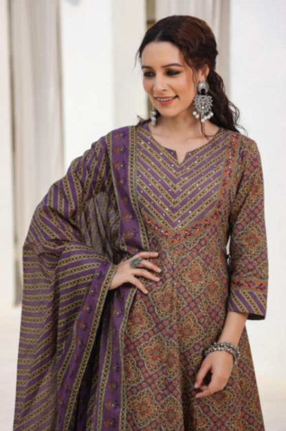 [Ready SG Stock] Earthy Purple Pure Cotton Anarkali 3 Pcs Punjabi Suit with Dupatta [ Indian Dresses ]