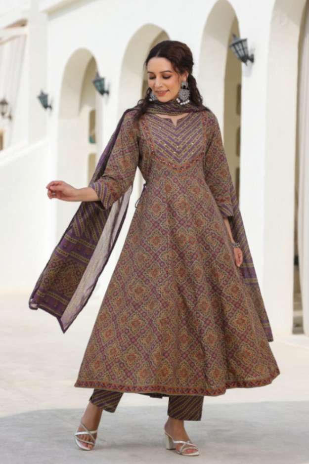 [Ready SG Stock] Earthy Purple Pure Cotton Anarkali 3 Pcs Punjabi Suit with Dupatta [ Indian Dresses ]