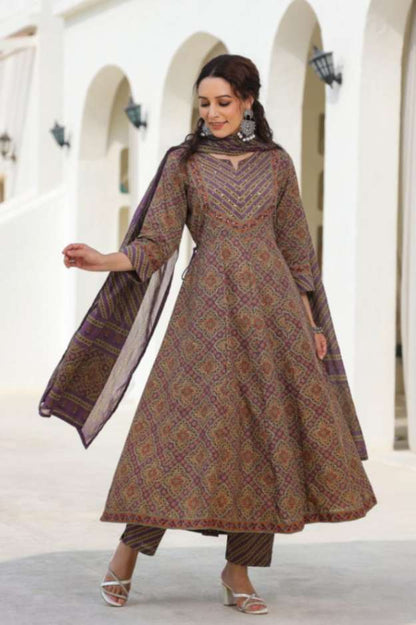 [Ready SG Stock] Earthy Purple Pure Cotton Anarkali 3 Pcs Punjabi Suit with Dupatta [ Indian Dresses ]