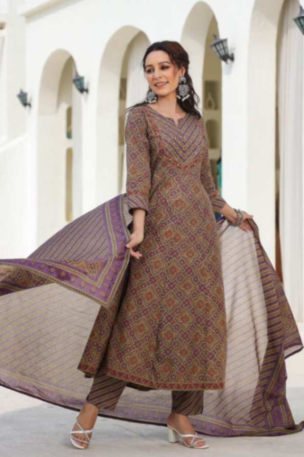[Ready SG Stock] Earthy Purple Pure Cotton Anarkali 3 Pcs Punjabi Suit with Dupatta [ Indian Dresses ]