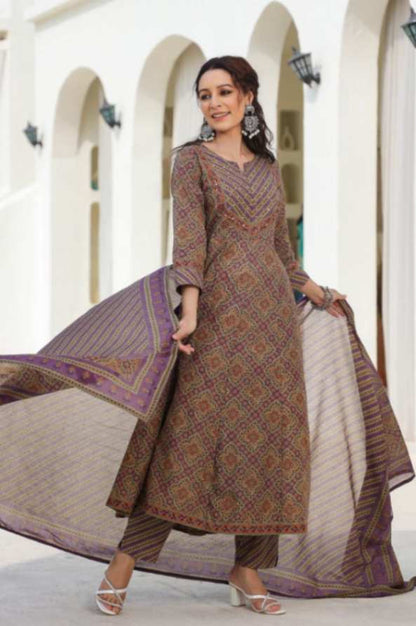 [Ready SG Stock] Earthy Purple Pure Cotton Anarkali 3 Pcs Punjabi Suit with Dupatta [ Indian Dresses ]