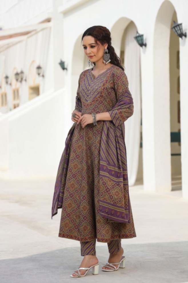 [Ready SG Stock] Earthy Purple Pure Cotton Anarkali 3 Pcs Punjabi Suit with Dupatta [ Indian Dresses ]