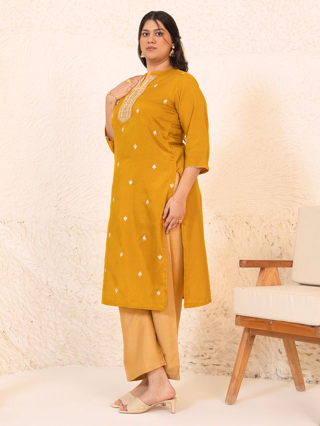 [Ready SG Stock] Plus Size Mustard Crepe Silk Blend Embroidered Straight kurti \ Only Top [ Indian Dresses ]