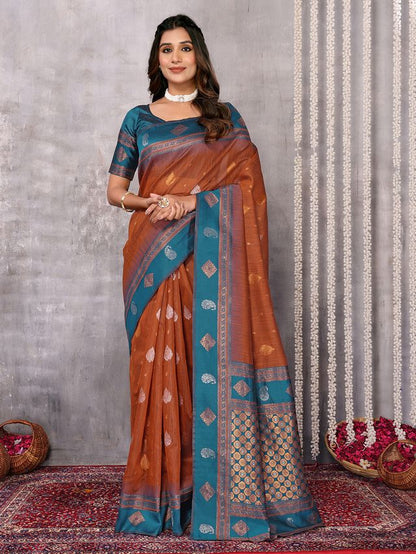 [Ready SG Stock-Zip & Go Saree] Brown Cotton Blend Ethnic Morifs Jari Work Saree with Ready Blouse, Linings