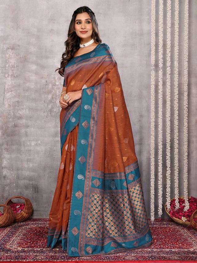 [Ready SG Stock-Zip & Go Saree] Brown Cotton Blend Ethnic Morifs Jari Work Saree with Ready Blouse, Linings