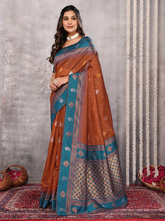 [Ready SG Stock-Zip & Go Saree] Brown Cotton Blend Ethnic Morifs Jari Work Saree with Ready Blouse, Linings