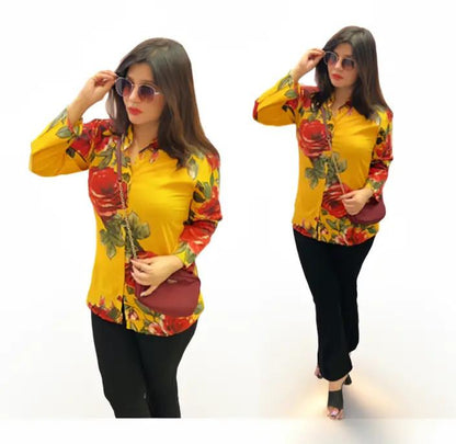 [Ready SG Stock] Fashion Print Women's Summer Cotton Silk Shirt Yellow [Indian Dresses]