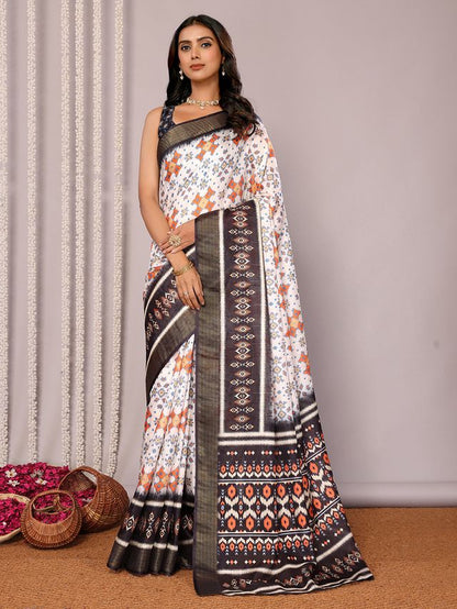[Ready Stock-Zip & Go Saree]White-Deep Blue Chanderi Silk Saree with Ready Blouse, Linings