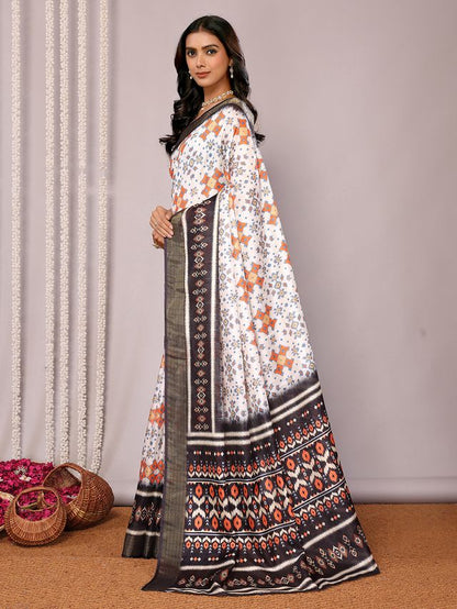 [Ready Stock-Zip & Go Saree]White-Deep Blue Chanderi Silk Saree with Ready Blouse, Linings