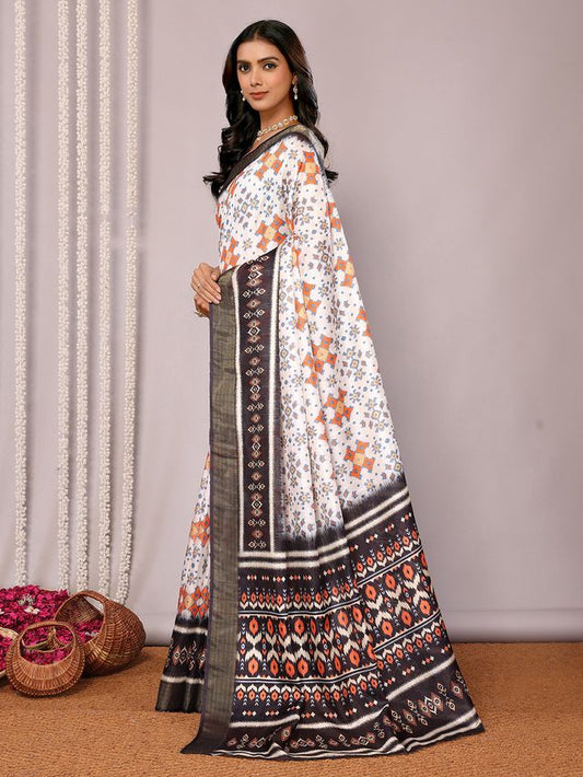 [Ready Stock-Zip & Go Saree]White-Deep Blue Chanderi Silk Saree with Ready Blouse, Linings