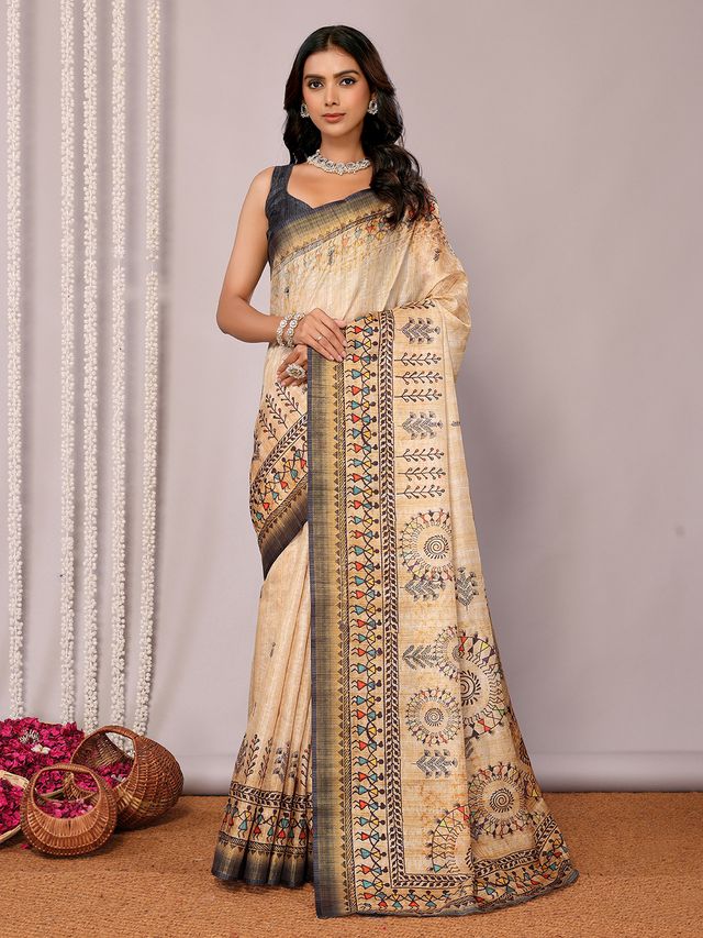 [Ready Stock-Zip & Go Saree]Warli Printed Beige Chanderi Silk Saree with Ready Blouse, Linings