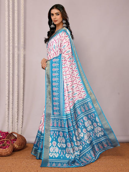 [Ready Stock-Zip & Go Saree]Teal Blue Chanderi Silk Saree with Ready Blouse, Linings
