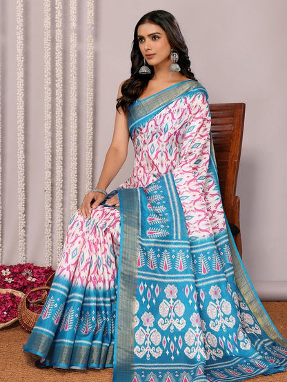 [Ready Stock-Zip & Go Saree]Teal Blue Chanderi Silk Saree with Ready Blouse, Linings