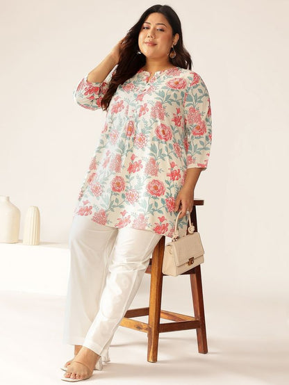 [Ready SG Stock] Plus Size Off White Pure Cotton Floral A-line Only Top \ Tunic  [ Casual Indian Dresses ]
