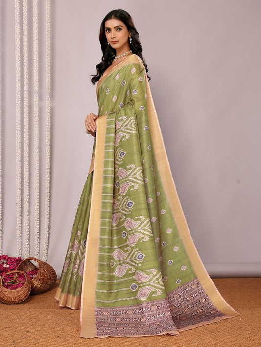 [Ready Stock-Zip & Go Saree]Green Chanderi Silk Saree with Ready Blouse, Linings