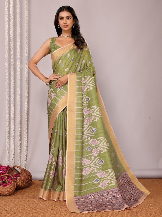 [Ready Stock-Zip & Go Saree]Green Chanderi Silk Saree with Ready Blouse, Linings