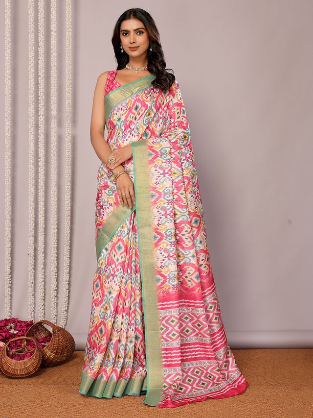 [Ready Stock-Zip & Go Saree]Pink Chanderi Silk Saree with Ready Blouse, Linings