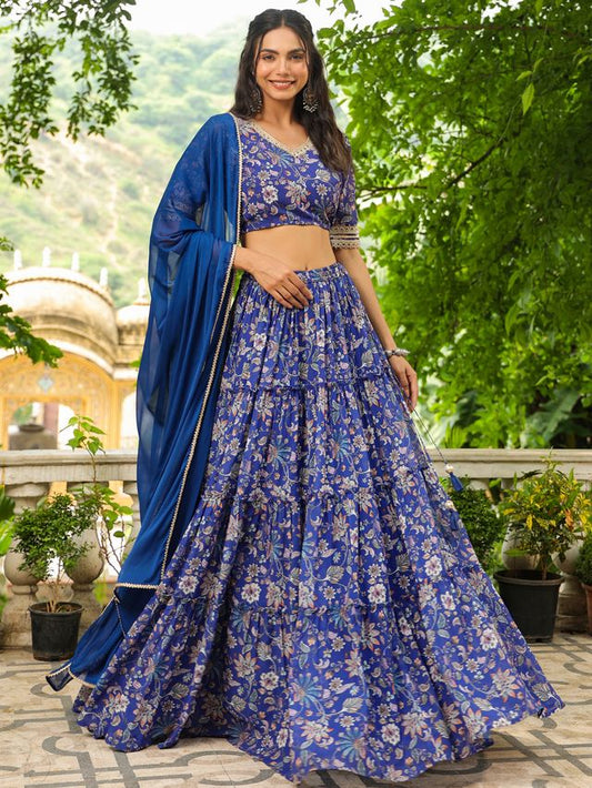 [Ready SG Stock] Blue Georgette Floral Printed Tiered Lehenga Choli Set [ Indian Dresses ]