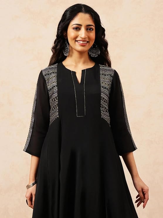 [Ready SG Stock] Black Mul Chanderi Embroidered Anarkali Kurta Pant With Dupatta [Indian Dresses]