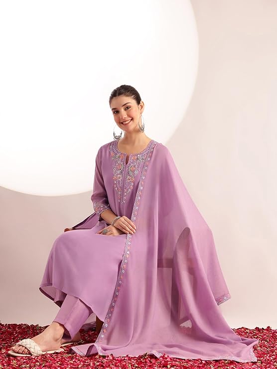 [Ready SG Stock] Pastel Lavender Mul Chanderi Embroidered 3 Pcs Punjabi Suit with Linings [Indian Dresses]