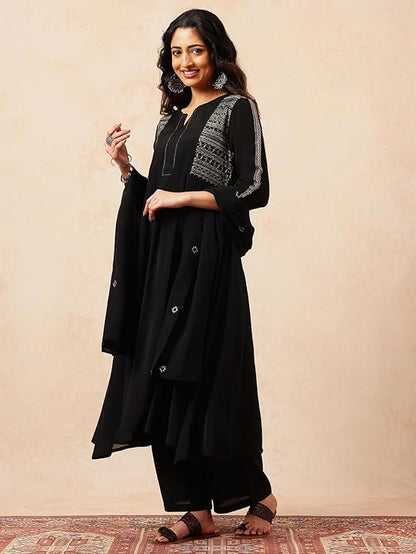[Ready SG Stock] Black Mul Chanderi Embroidered Anarkali Kurta Pant With Dupatta [Indian Dresses]