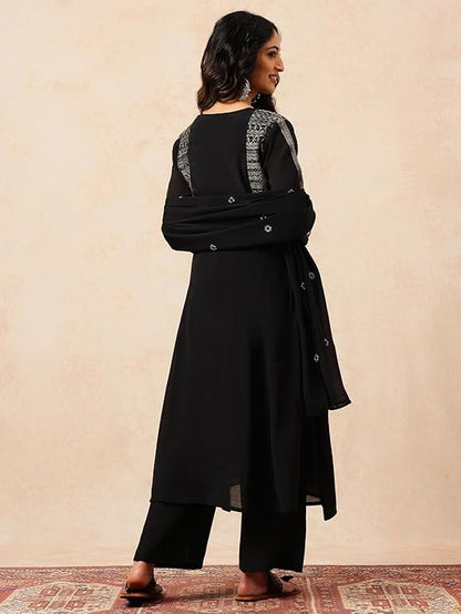 [Ready SG Stock] Black Mul Chanderi Embroidered Anarkali Kurta Pant With Dupatta [Indian Dresses]