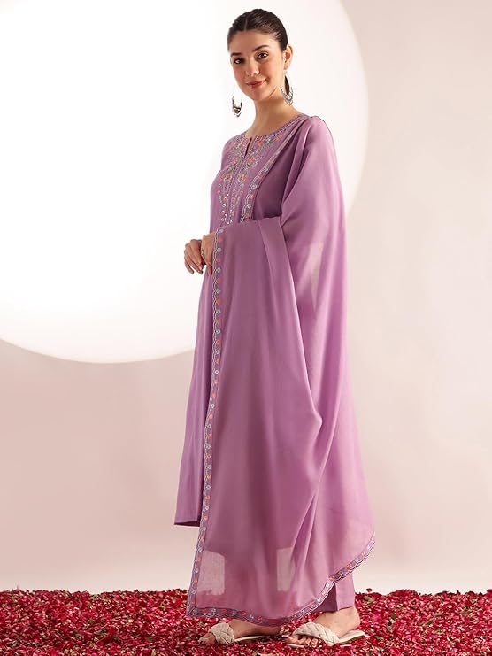[Ready SG Stock] Pastel Lavender Mul Chanderi Embroidered 3 Pcs Punjabi Suit with Linings [Indian Dresses]