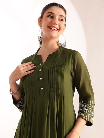 [Ready SG Stock] Olive Green Mul Chanderi Embroidered 3 Pcs Punjabi Suit with Linings [Indian Dresses]