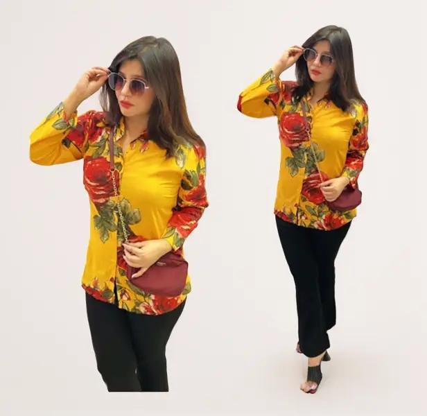 [Ready SG Stock] Fashion Print Women's Summer Cotton Silk Shirt Yellow [Indian Dresses]