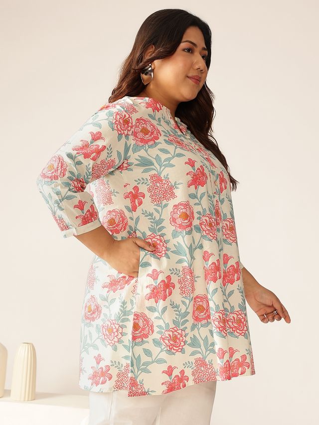 [Ready SG Stock] Plus Size Off White Pure Cotton Floral A-line Only Top \ Tunic  [ Casual Indian Dresses ]