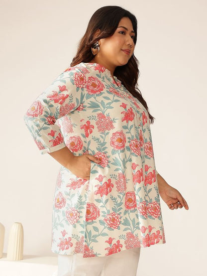 [Ready SG Stock] Plus Size Off White Pure Cotton Floral A-line Only Top \ Tunic  [ Casual Indian Dresses ]
