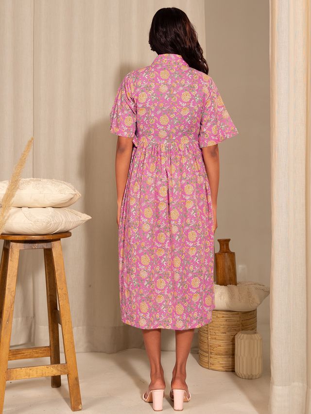 [Ready SG Stock] Maternity Wear Pink Cotton Floral Wrap Dress- Indian Dresses