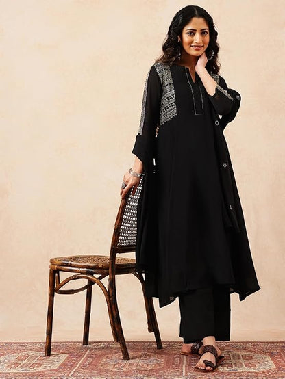 [Ready SG Stock] Black Mul Chanderi Embroidered Anarkali Kurta Pant With Dupatta [Indian Dresses]