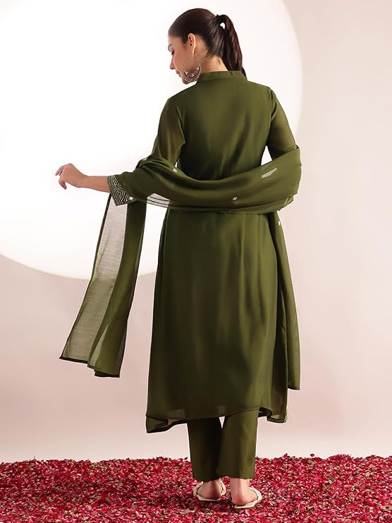 [Ready SG Stock] Olive Green Mul Chanderi Embroidered 3 Pcs Punjabi Suit with Linings [Indian Dresses]