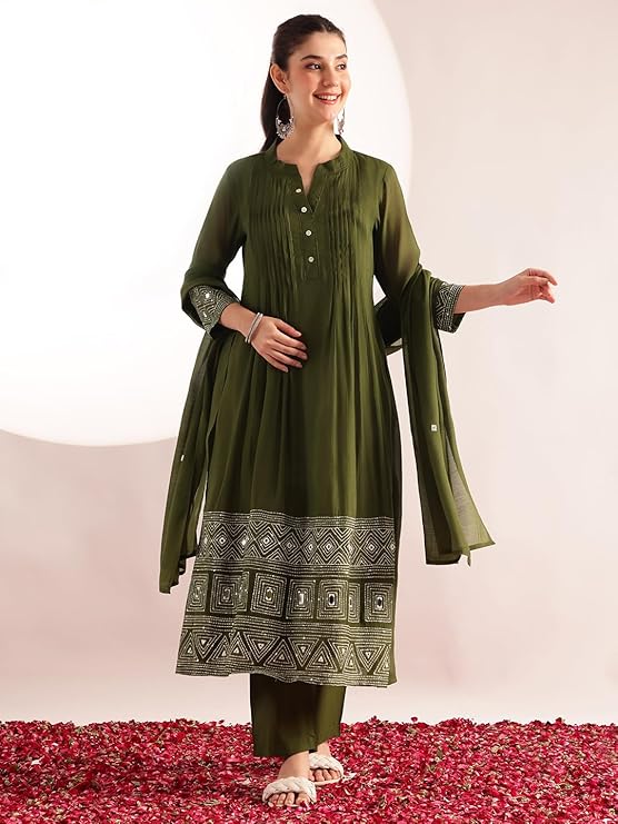 [Ready SG Stock] Olive Green Mul Chanderi Embroidered 3 Pcs Punjabi Suit with Linings [Indian Dresses]