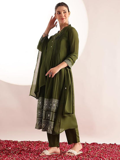 [Ready SG Stock] Olive Green Mul Chanderi Embroidered 3 Pcs Punjabi Suit with Linings [Indian Dresses]