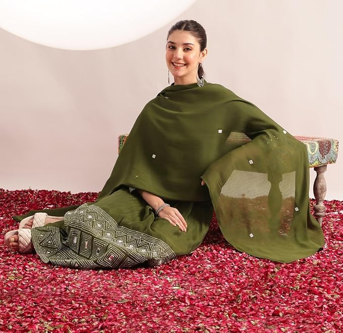[Ready SG Stock] Olive Green Mul Chanderi Embroidered 3 Pcs Punjabi Suit with Linings [Indian Dresses]